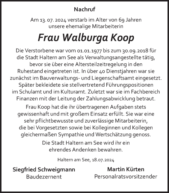 Traueranzeige von Walburga Koop von Ruhr Nachrichten und Halterner Zeitung