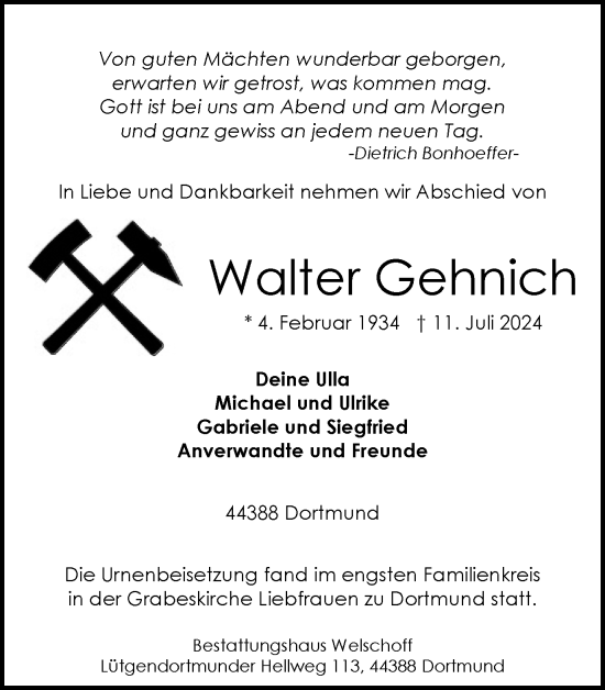 Traueranzeige von Walter Lehnich von Ruhr Nachrichten
