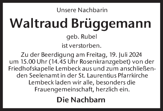 Traueranzeige von Waltraud Brüggemann von Ruhr Nachrichten und Dorstener Zeitung