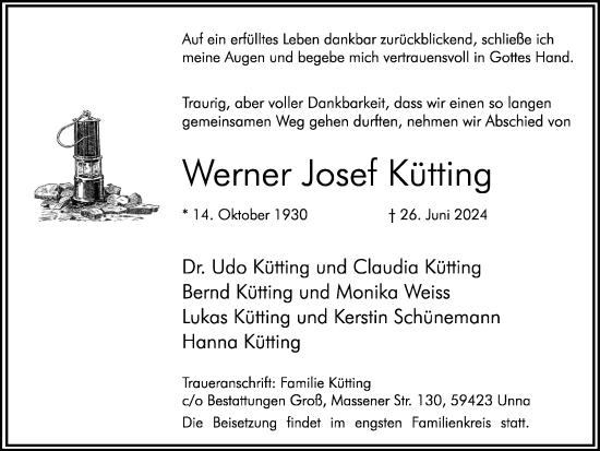 Traueranzeige von Werner Josef Kütting von Hellweger Anzeiger
