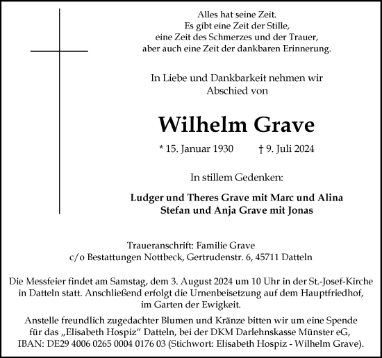 Traueranzeige von Wilhelm Grave von Trauer Vest
