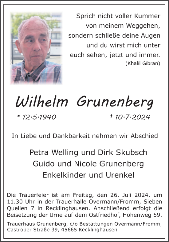 Traueranzeige von Wilhelm Grunenberg von Trauer Vest