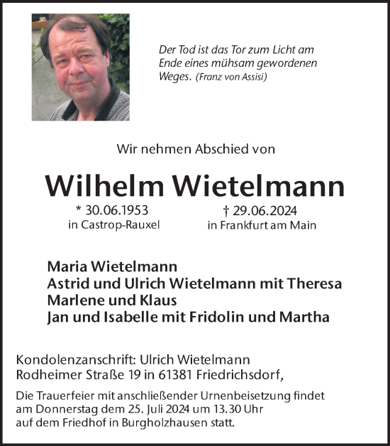 Traueranzeige von Wilhelm Wietelmann von Ruhr Nachrichten