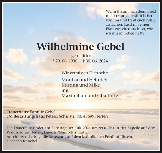 Traueranzeige von Wilhelmine Gebel von Recklinghäuser Zeitung