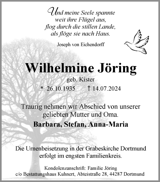 Traueranzeige von Wilhelmine Jöring von Ruhr Nachrichten