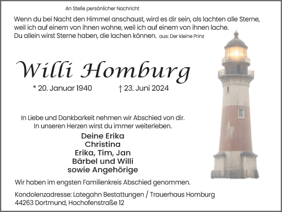 Traueranzeige von Willi Homburg von Ruhr Nachrichten