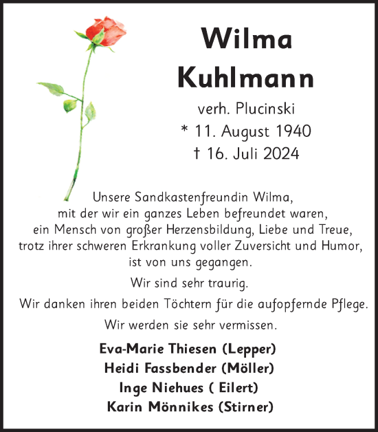 Traueranzeige von Wilma Kuhlmann von Ruhr Nachrichten und Halterner Zeitung