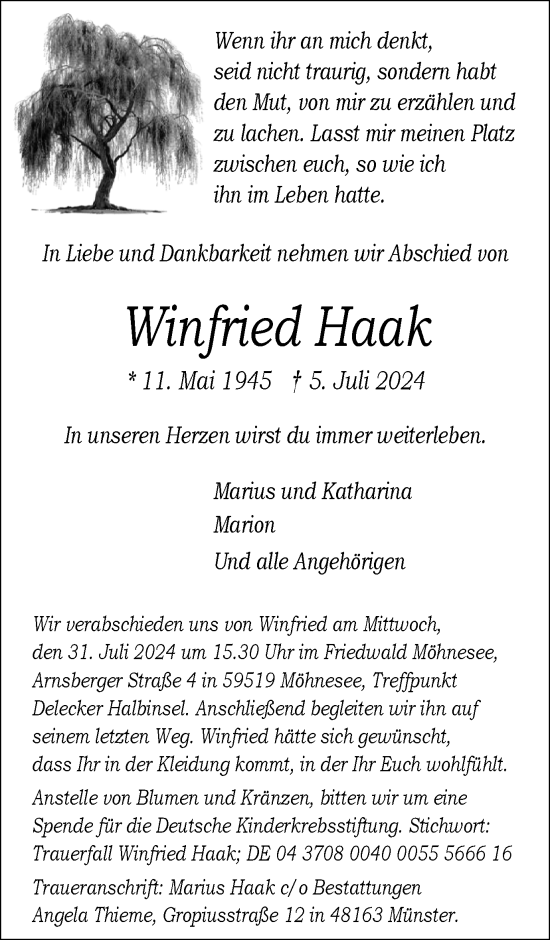 Traueranzeige von Winfried Haak von Ruhr Nachrichten