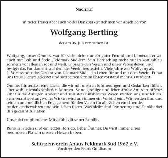 Traueranzeige von Wolfgang Bertling von Münsterland Zeitung