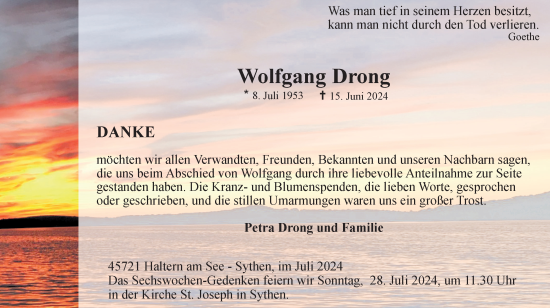 Traueranzeige von Wolfgang Drong von Ruhr Nachrichten und Halterner Zeitung