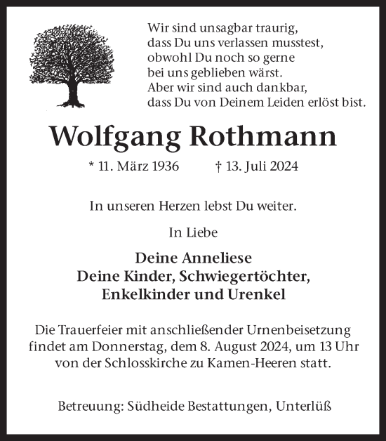 Traueranzeige von Wolfgang Rothmann von Hellweger Anzeiger