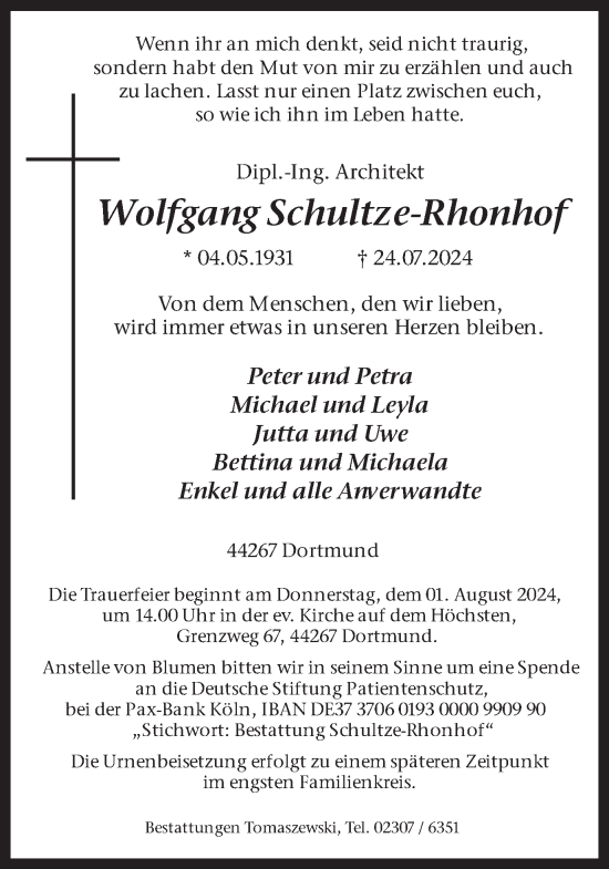 Traueranzeige von Wolfgang Schultze-Rhonhof von Ruhr Nachrichten
