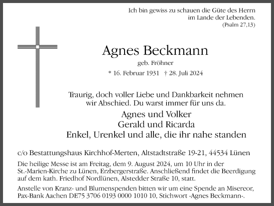 Traueranzeige von Agnes Beckmann von Ruhr Nachrichten