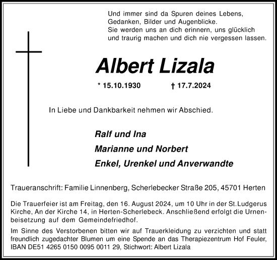 Traueranzeige von Albert Lizala von Trauer Vest