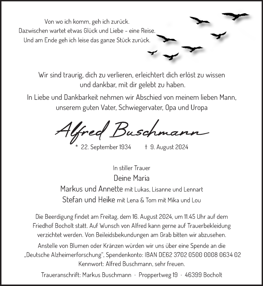  Traueranzeige für Alfred Buschmann vom 14.08.2024 aus Bocholter-Borkener Volksblatt