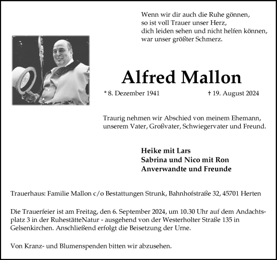 Traueranzeige von Alfred Mallon von Ruhr Nachrichten und Halterner Zeitung