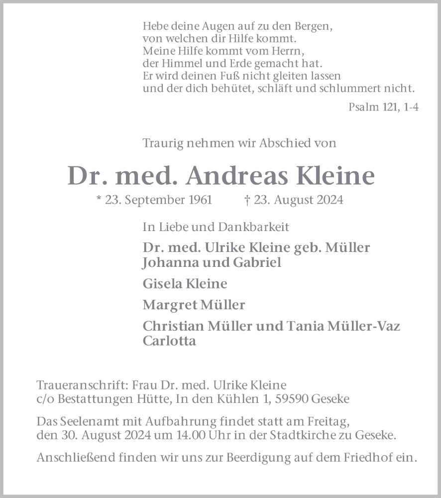  Traueranzeige für Andreas Kleine vom 28.08.2024 aus Ruhr Nachrichten