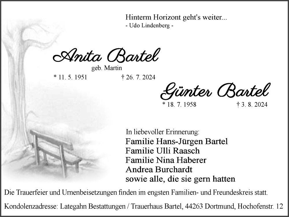  Traueranzeige für Anita und Günter Bartel vom 10.08.2024 aus Ruhr Nachrichten
