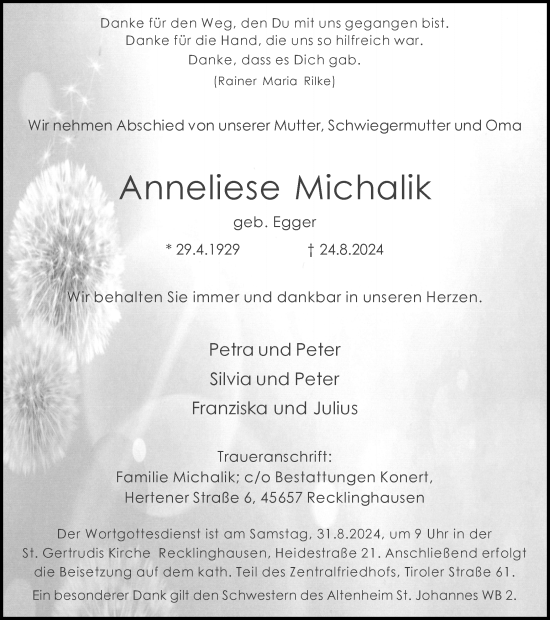 Traueranzeige von Anneliese Michalik von Trauer Vest