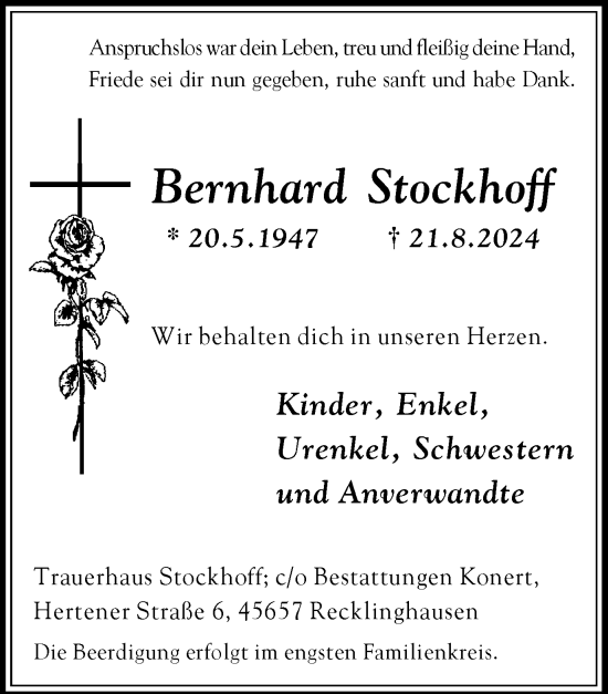 Traueranzeige von Bernhard Stockhoff von Trauer Vest