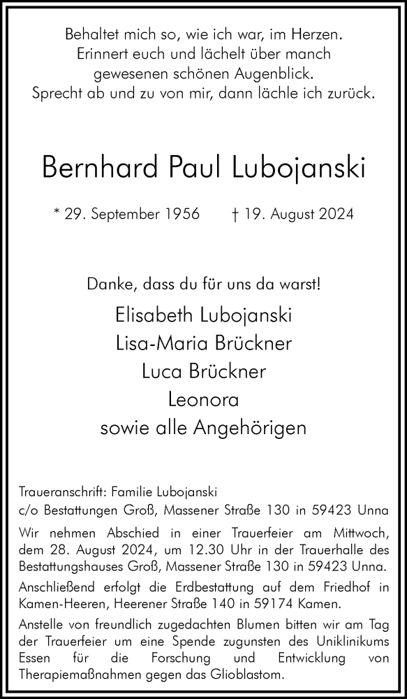  Traueranzeige für Bernhard Paul Lubojanski vom 24.08.2024 aus Hellweger Anzeiger