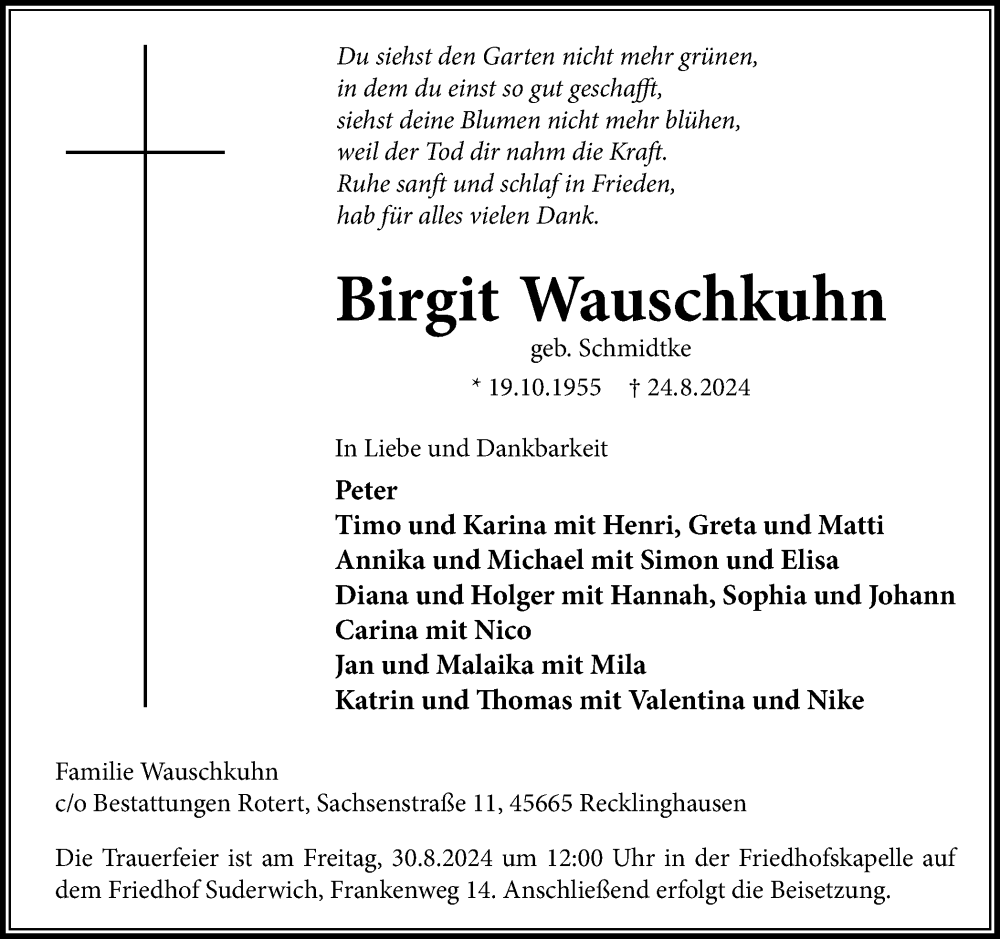  Traueranzeige für Birgit Wauschkuhn vom 28.08.2024 aus Trauer Vest
