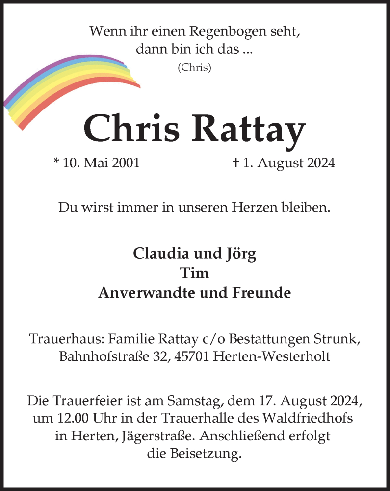  Traueranzeige für Chris Rattay vom 14.08.2024 aus Trauer Vest