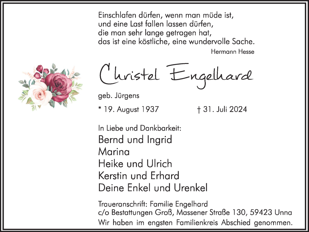  Traueranzeige für Christel Engelhard vom 17.08.2024 aus Hellweger Anzeiger