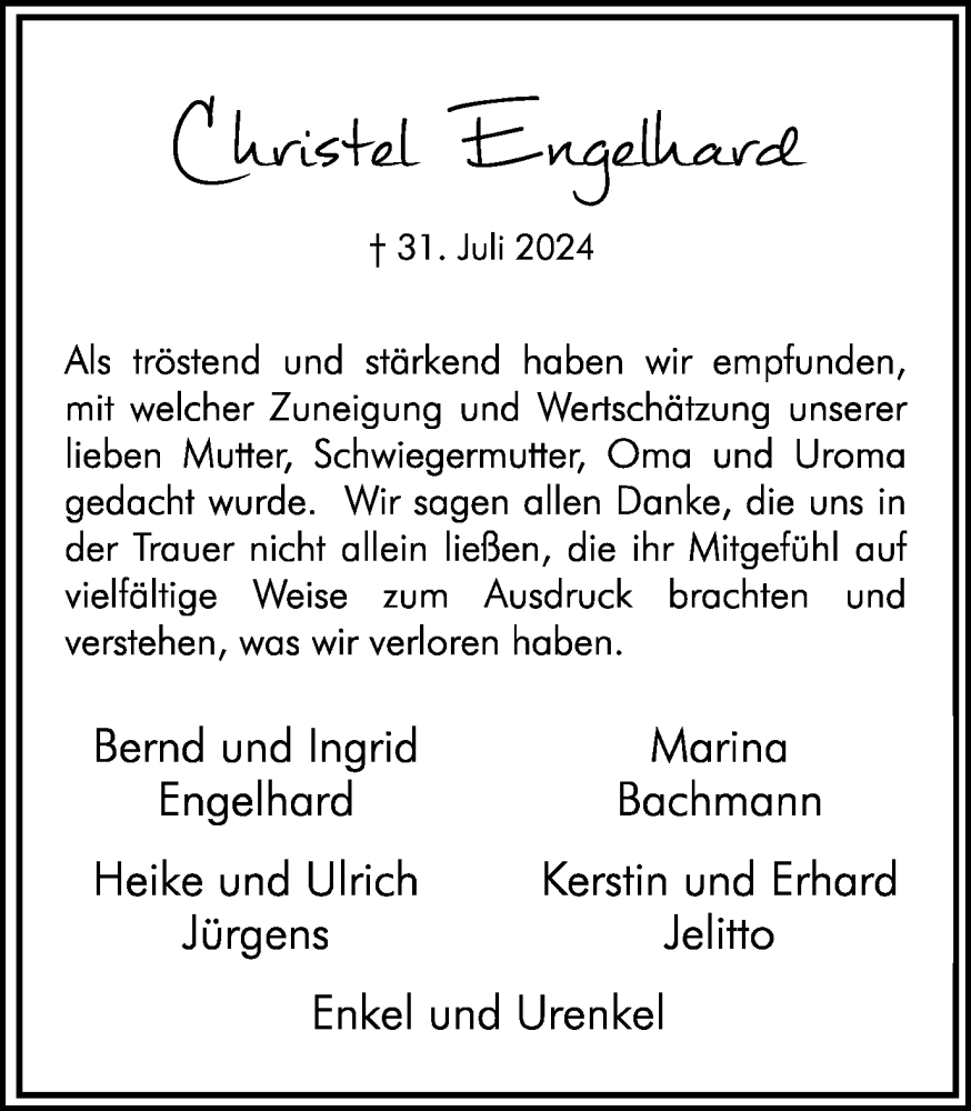  Traueranzeige für Christel Engelhard vom 31.08.2024 aus Hellweger Anzeiger