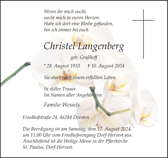 Traueranzeige von Christel Langenberg von Ruhr Nachrichten und Dorstener Zeitung