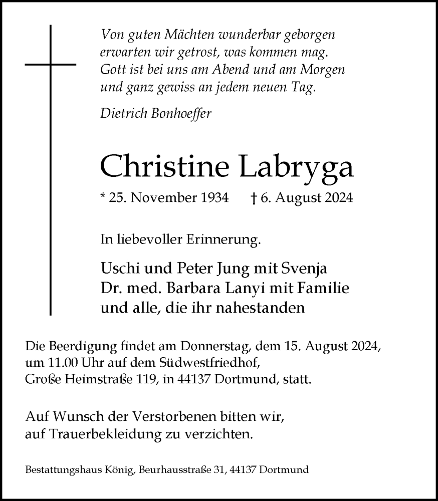  Traueranzeige für Christine Labryga vom 10.08.2024 aus Ruhr Nachrichten