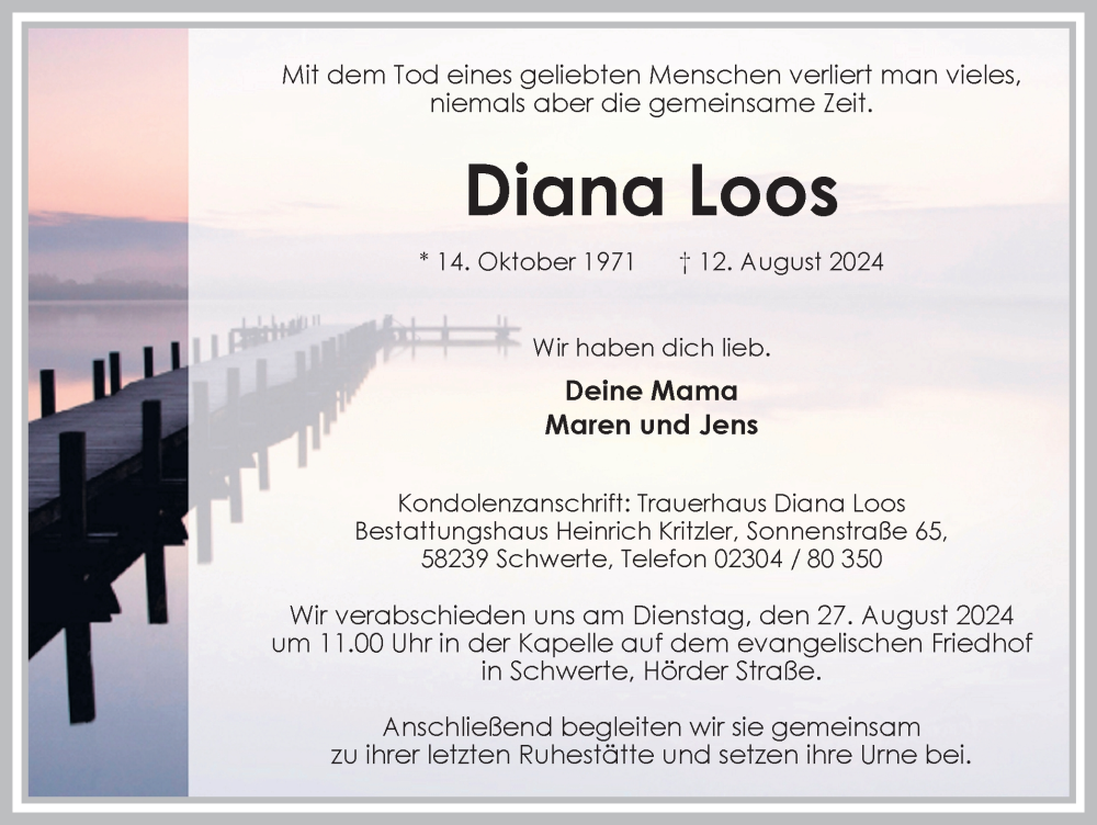  Traueranzeige für Diana Loos vom 17.08.2024 aus Ruhr Nachrichten