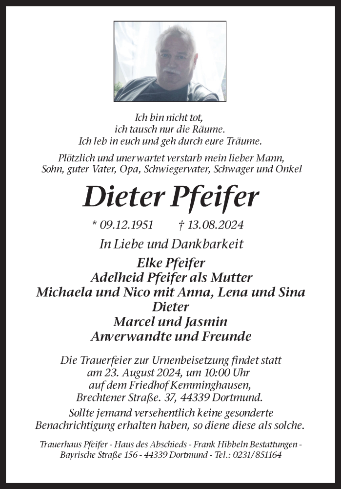  Traueranzeige für Dieter Pfeifer vom 17.08.2024 aus Ruhr Nachrichten