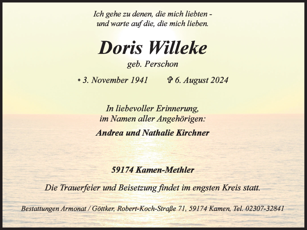  Traueranzeige für Doris Willeke vom 10.08.2024 aus Hellweger Anzeiger