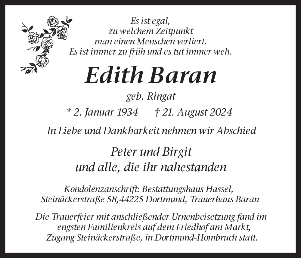  Traueranzeige für Edith Baran vom 31.08.2024 aus Ruhr Nachrichten