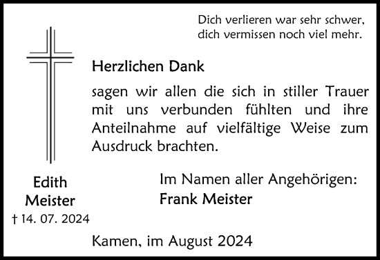 Traueranzeige von Edith Meister von Hellweger Anzeiger