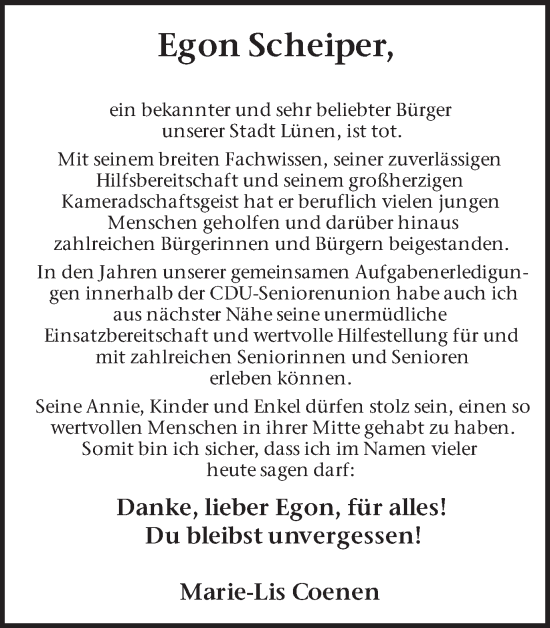 Traueranzeige von Egon Scheiper von Ruhr Nachrichten