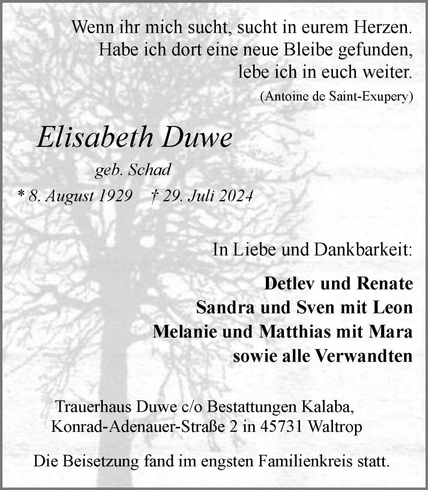  Traueranzeige für Elisabeth Duwe vom 24.08.2024 aus Trauer Vest