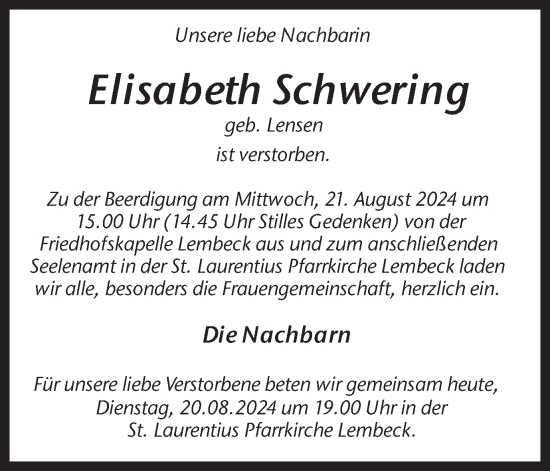 Traueranzeige von Elisabeth Schwering von Ruhr Nachrichten und Dorstener Zeitung