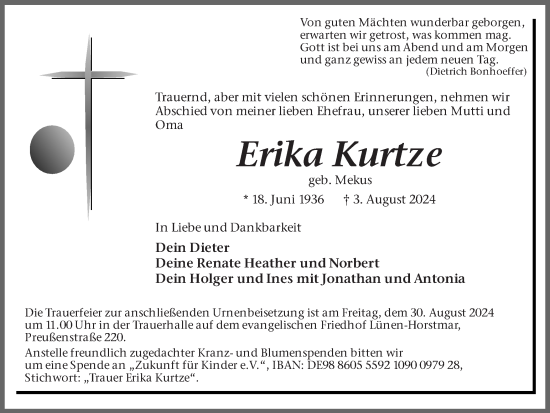 Traueranzeige von Erika Kurtze von Ruhr Nachrichten