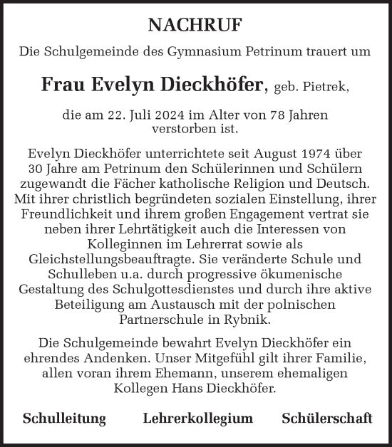 Traueranzeige von Evelyn Dieckhöfer von Ruhr Nachrichten und Dorstener Zeitung