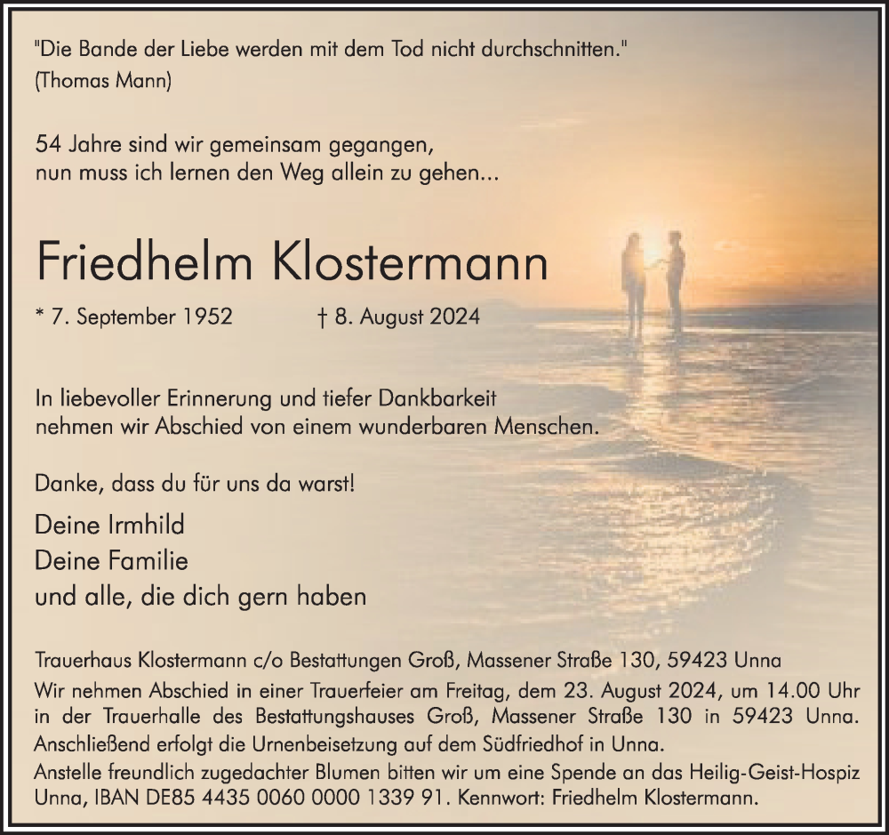  Traueranzeige für Friedhelm Klostermann vom 17.08.2024 aus Hellweger Anzeiger