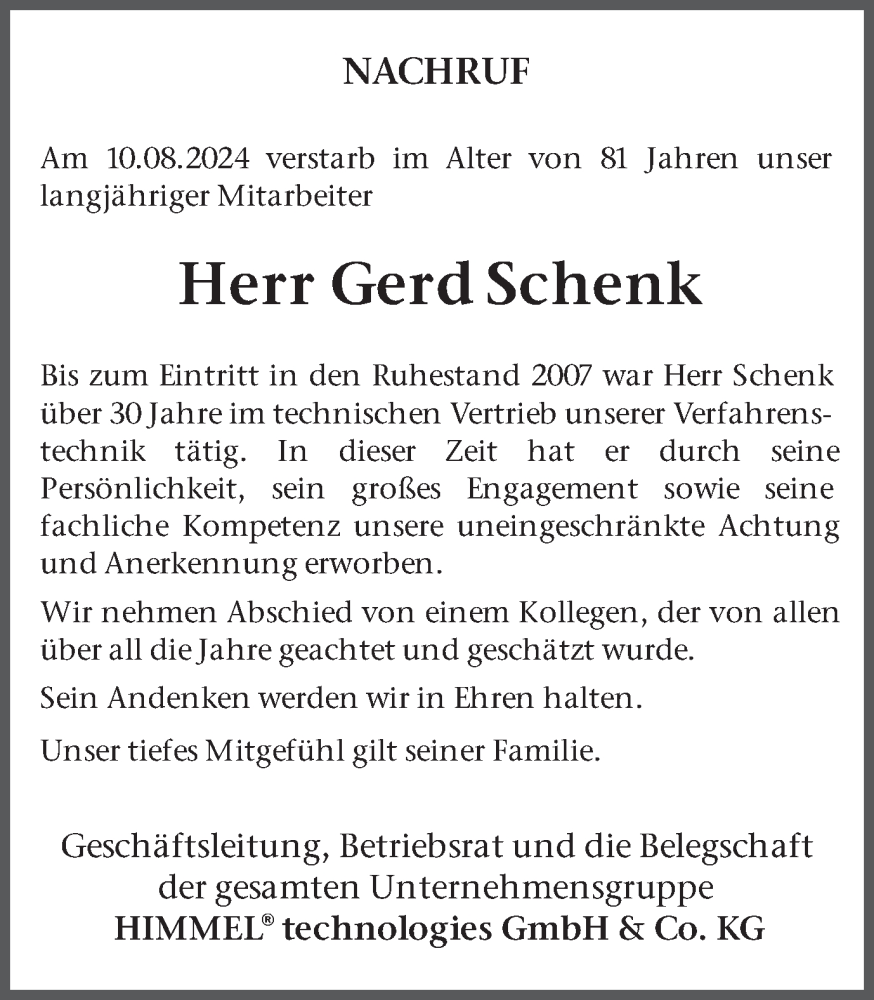  Traueranzeige für Gerd Schenk vom 23.08.2024 aus Trauer Vest