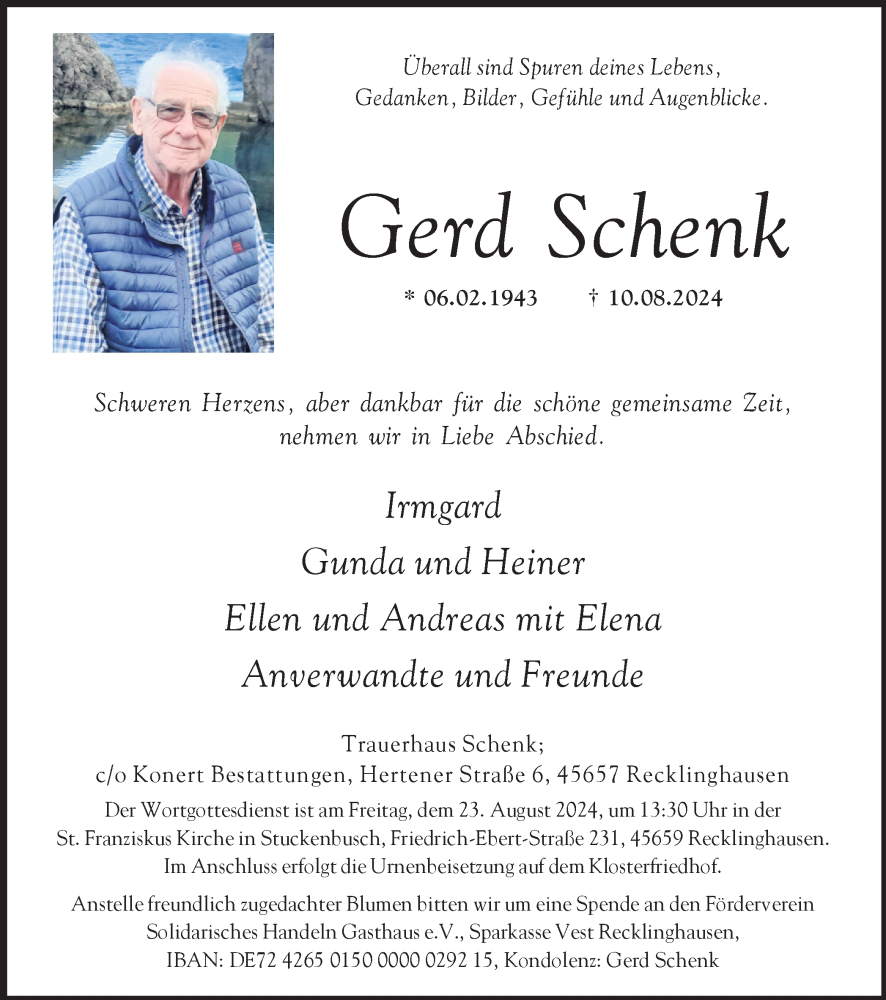  Traueranzeige für Gerd Schenk vom 17.08.2024 aus Trauer Vest