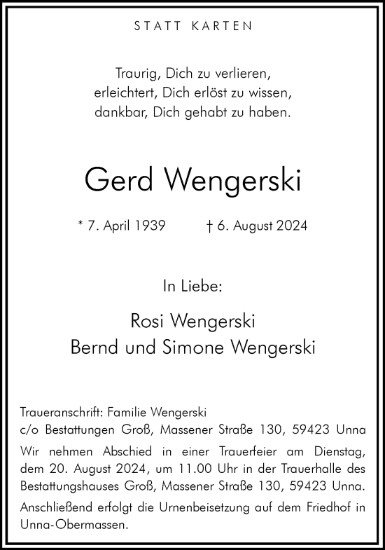 Traueranzeige von Gerd Wengerski von Hellweger Anzeiger