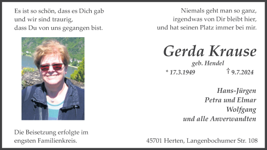 Traueranzeige von Gerda Krause von Trauer Vest