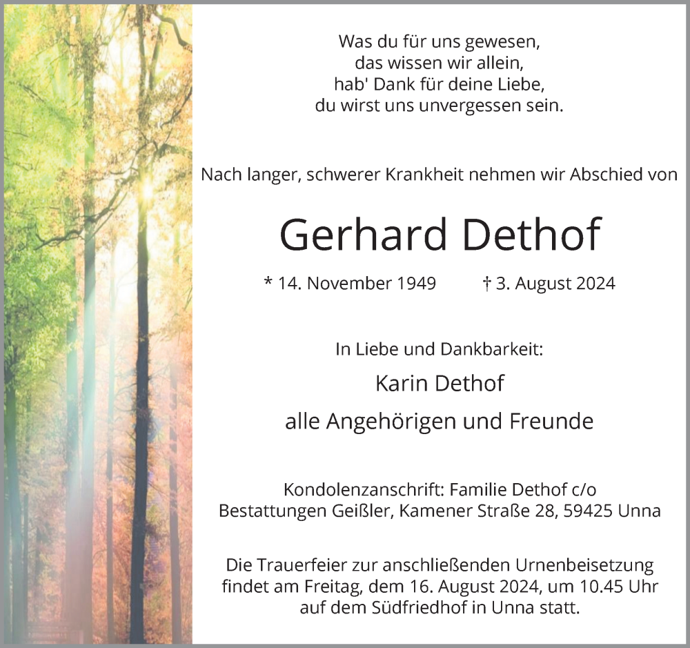  Traueranzeige für Gerhard Dethof vom 10.08.2024 aus Hellweger Anzeiger