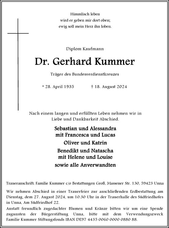 Traueranzeige von Gerhard Kummer von Hellweger Anzeiger
