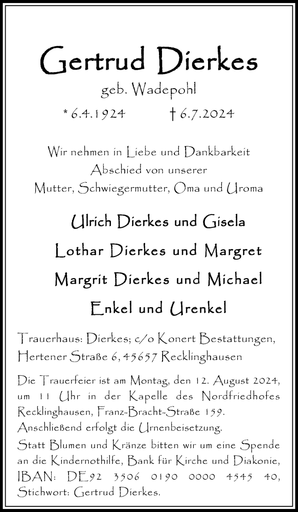  Traueranzeige für Gertrud Dierkes vom 03.08.2024 aus Trauer Vest