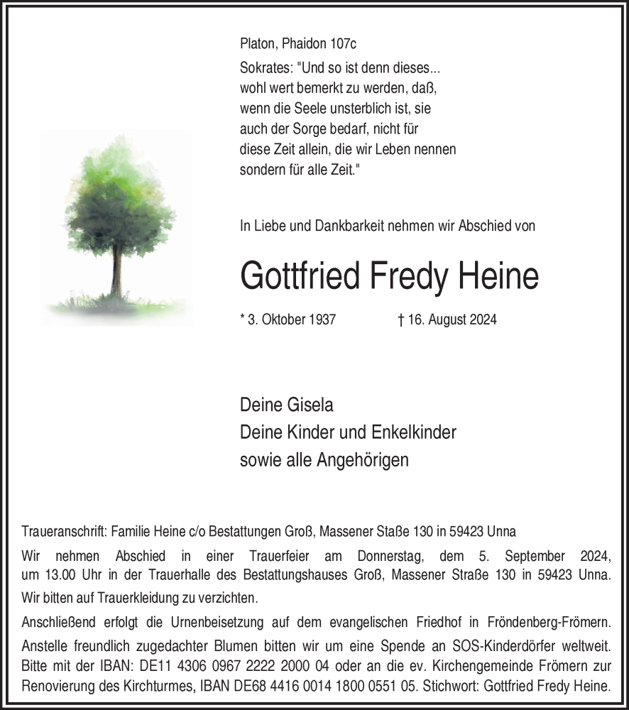  Traueranzeige für Gottfried Fredy Heine vom 24.08.2024 aus Hellweger Anzeiger